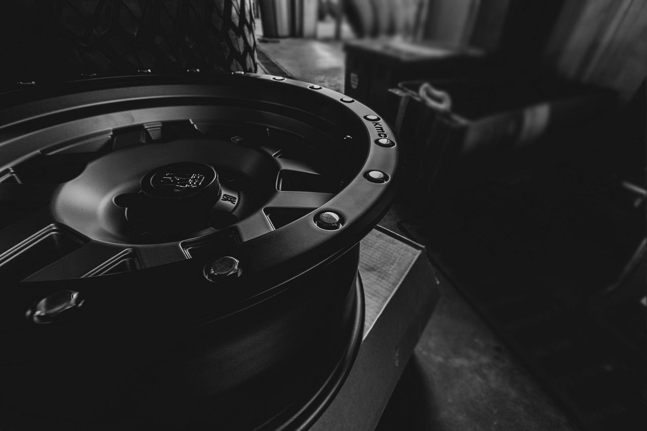 Close-up of an alloy wheel rim in a workshop